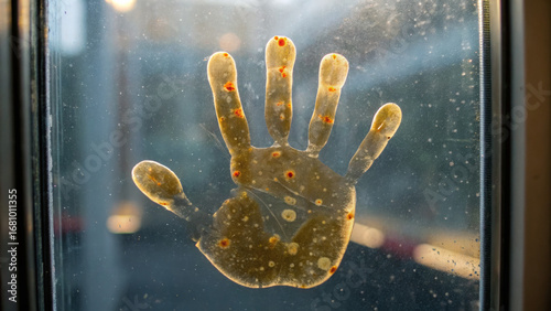Childhood bacteria influence immune development. A handprint on a foggy glass surface, creating a sense of intimacy and mystery.