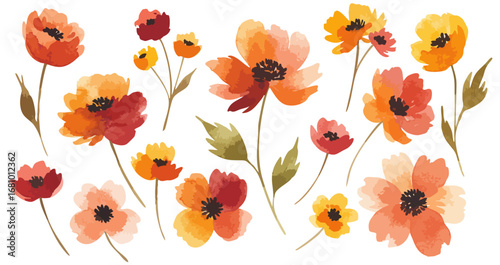 秋の草花のボタニカルな水彩風イラストセット 北欧風のベクターアート オレンジ/ピンク/グリーン