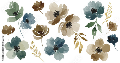 秋冬の草花のボタニカルな水彩風イラストセット 北欧風のベクターアート オレンジ/イエロー/グリーン