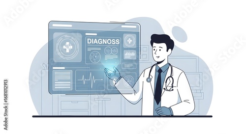 Professional male doctor interacting with a futuristic digital interface for medical diagnosis, representing modern healthcare technology, teleheal...