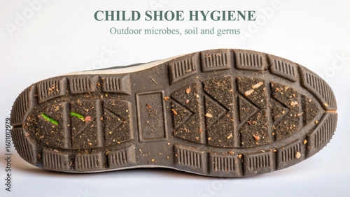 Childhood bacteria influence immune development. Shoe sole emphasizing hygiene concerns related to outdoor microbes and dirt.