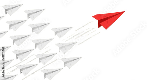 Red paper airplane leads the flock