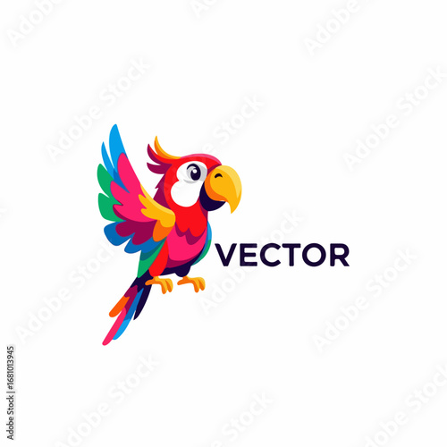 Parrot logo, Cute tropical cartoon parrot sitting on a branch with colorful feathers