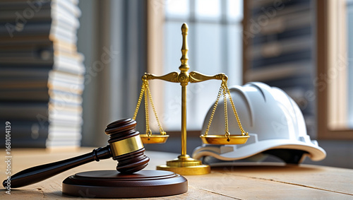 Judge gavel on blueprint with safety helmet symbolizing law in construction