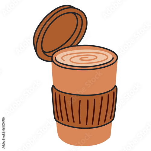 Vector takeaway coffee cup with protective ripple sleeve and lid, flat style illustration for cafe branding, packaging and menu design