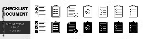 Document icon set. Checklist related icons: clipboard, checkmarks, To do list, task, management, checkbox on paper. Vector illustration.
