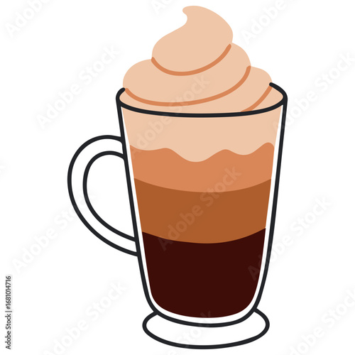 Vector illustration of iced coffee served in glass cup with whipped cream topping, designed for cafe menus, branding and beverage icons