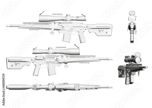 Modern sniper rifles with polygonal designs arranged on a white background, featuring glossy and matte finishes with detailed scopes and barrels.