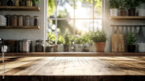 A warm, inviting kitchen scene with a wooden countertop, natural light, and potted plants, creating a cozy atmosphere.