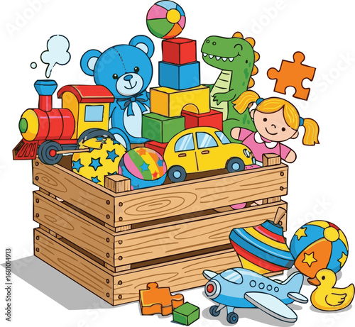 Crate need a kinds of different Kids Toy set victor art on white Background.