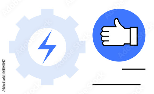 Gear with lightning bolt representing speed, power, efficiency thumbs-up symbol in blue circle for approval. Ideal for productivity, technology, energy, teamwork, success, approval simple landing