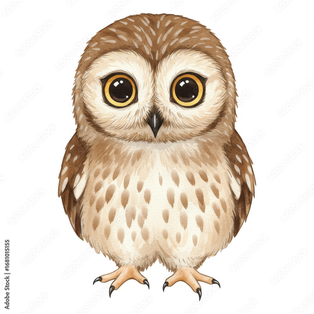 Obraz premium Adorable brown owl with big yellow eyes and speckled feathers isolate cute