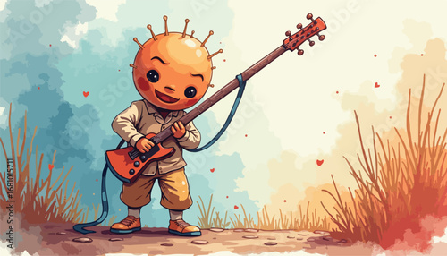 A cheerful, stylized character plays an electric guitar in a whimsical, outdoor setting.