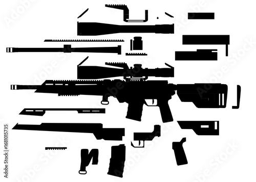 Modern sniper rifle silhouette with cut-out parts, isolated on white background, showcasing detailed components and tactical design.