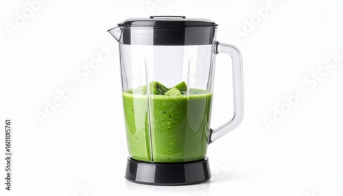 Transparent blender jug filled with a vibrant green smoothie, featuring ice cubes and a black lid and base.