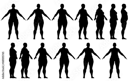 A set of black silhouettes depicting a plus-size woman in various poses against a white background.