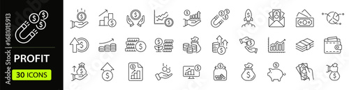 Financial profit set of web icons in line style. Money income linear icon collection. Containing money savings, finance, growth, investment, payment, earnings, management and more. Editable stroke