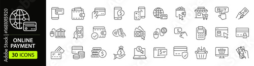 Online payment set of web icons in line style. Payment linear icon collection. Containing cashless wallet, e-wallet, money transfer, banking, credit card, cash, transaction more. Editable stroke