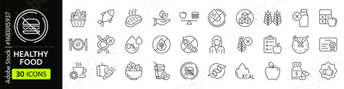 Healthy Food set of web icons in line style. Nutrition linear icon collection. Containing salad, fish, fruit, vegetables, water, protein, vitamins, healthy fats, carbohydrate and more. Editable stroke