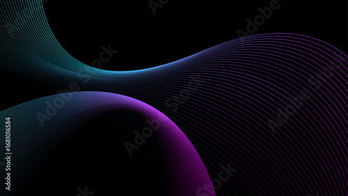 Flowing neon light lines on a black abstract background.