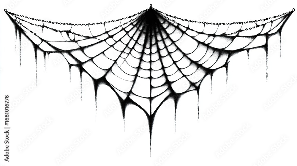 Fototapeta premium Minimalist black and white spider web line drawing with hanging silk clip art style Halloween decoration graphic design element