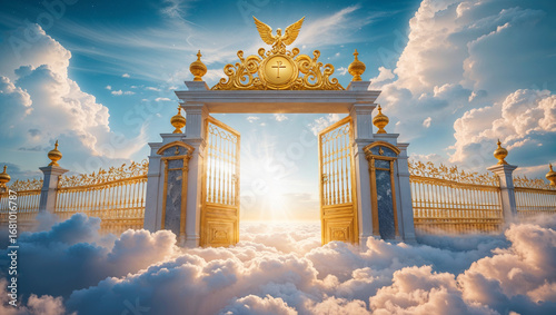 Spiritual entrance to heaven on clouds, concept of afterlife and divine paradise