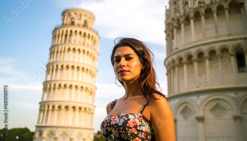 A woman stands confidently in front of the Leaning Tower of Pisa, bathed in golden light.
