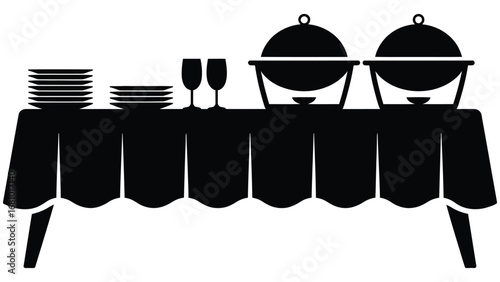 Buffet table silhouette with dishes plates and glasses
