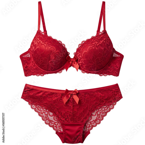 Luxurious red lace lingerie set featuring a push-up bra and matching panties with delicate bows, exuding elegance and sensuality for intimate moments and romantic occasions.