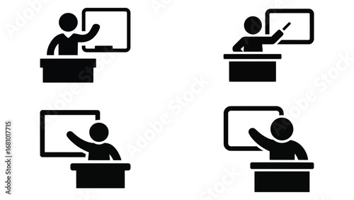 Teacher giving lesson at board icon set in flat style
