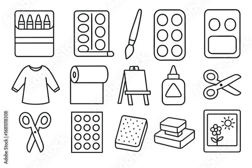 Art supplies line icons: paints, brushes, canvas, scissors, glue, paper