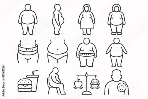 Outline icons of obesity: diverse body shapes and health symbols