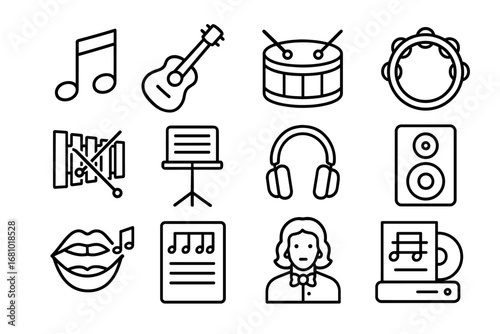 Outline icons of musical instruments and symbols with musician portrait illustration
