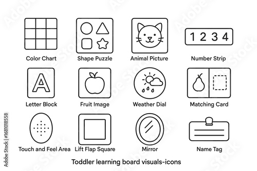 Toddler learning board icons: color, shape, animal, number visuals for early education