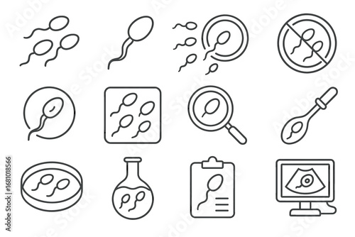 Sperm icons set: fertility, microscopy, laboratory, prohibition, and analysis symbols