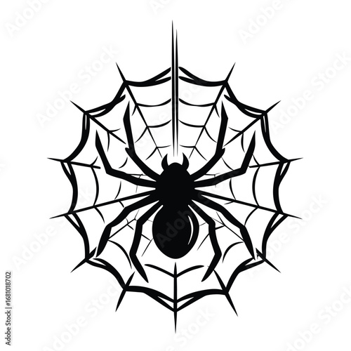 Spider Web with a Spider Silhouette on a White Background Simple Design