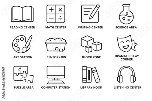 Educational activity icons for learning centers in classroom settings