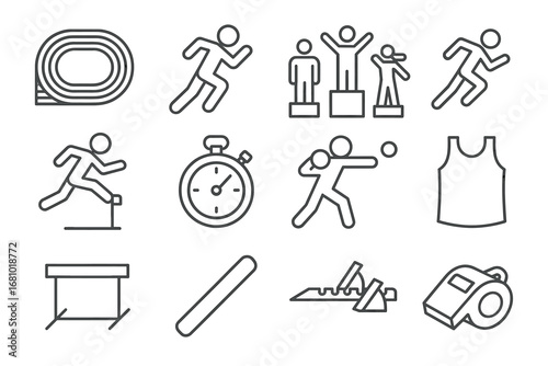 Athletics icons: track, running, stopwatch, podium, hurdles, whistle, jersey