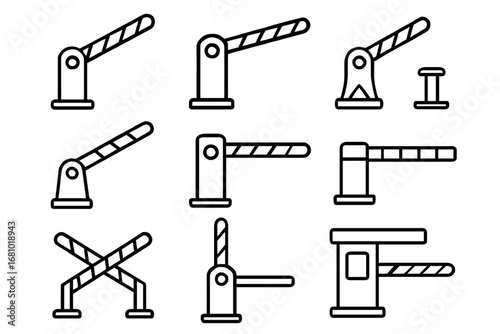 Set of various barrier gate icons in black and white line art style