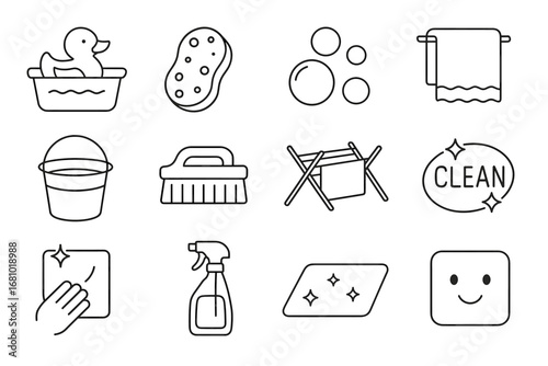 Cleaning icons: bath, sponge, bubbles, towel, bucket, brush, laundry rack, clean label