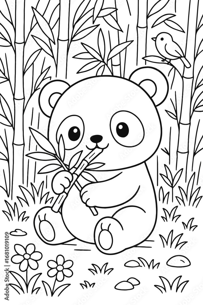 Obraz premium Cute panda eating bamboo with a bird sitting on a bamboo branch in nature
