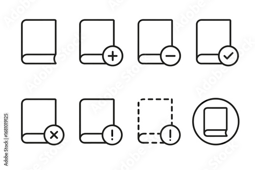 Set of book icons with symbols indicating addition, removal, and approval actions