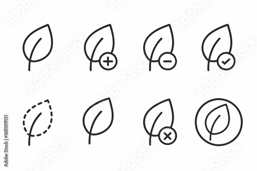 Simple leaf icons with plus, minus, check, and cross symbols