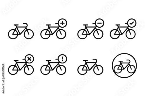 Set of bicycle icons with symbols: plus, minus, check, cross, exclamation