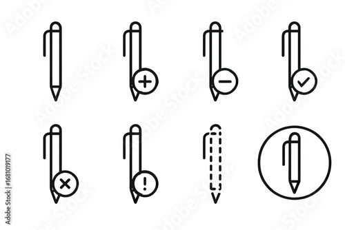 Minimalist icon set of pens with various symbols in black line art style