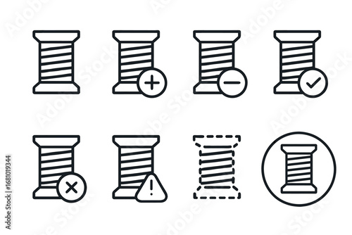 Set of spool icons for sewing and crafting with various annotations