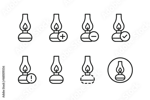 Set of oil lamp icons: add, remove, confirm, error, hidden variants