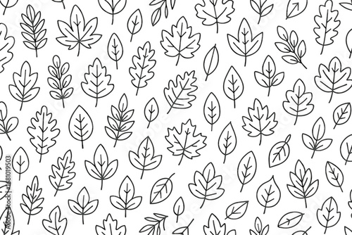 Seamless black and white autumn leaf pattern on white background