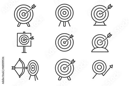 Set of nine target icons with arrows and bows in minimalist line art style