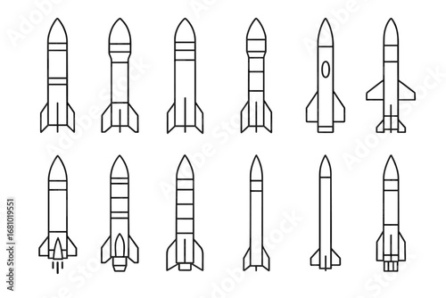 Set of simple rocket icons in various styles and designs